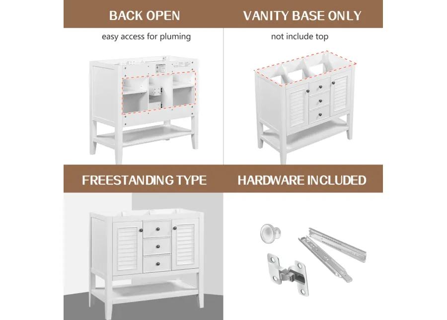 36" Bathroom Vanity, Cabinet Base Only, Solid Wood Frame