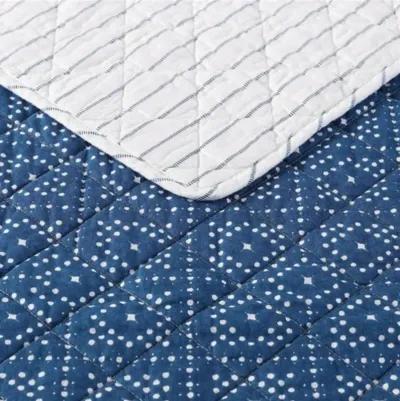 Hivvago Twin Size Blue White Dots and Stripes 100 Percent Cotton Reversible Quilt Set