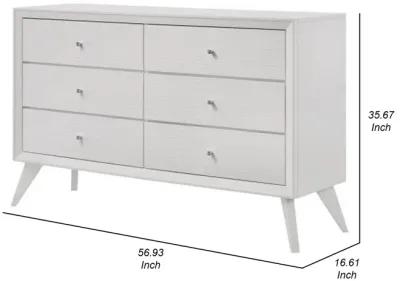 Siam 57 Inch Dresser, 6 Drawers, Modern White, Sleek Rubberwood Frame - Benzara