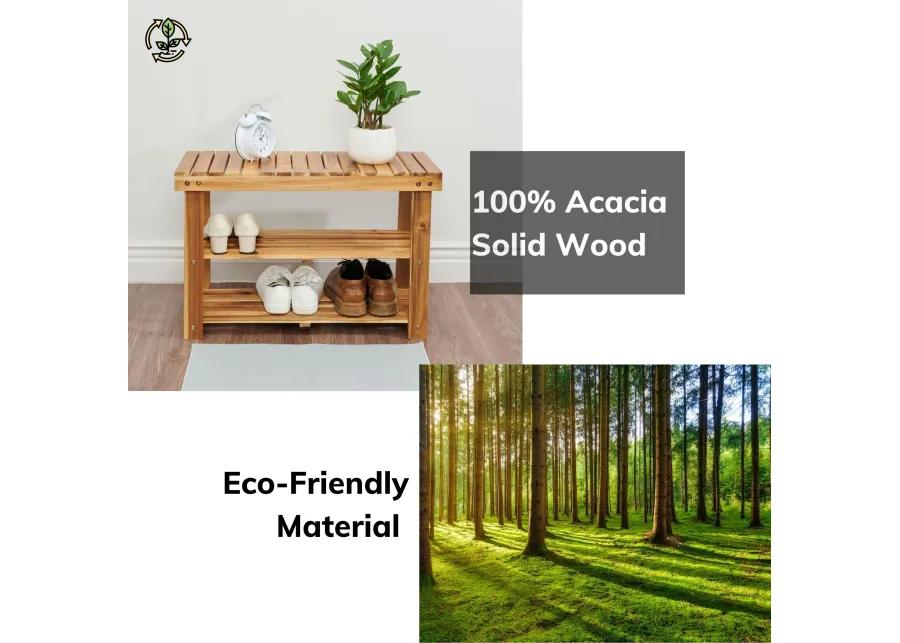 Acacia Wood Shoe Rack Bench Strong Weight Bearing Upto 200 LBS Best Ideas For Entryway Frontdoor Bathroom, Natural Color