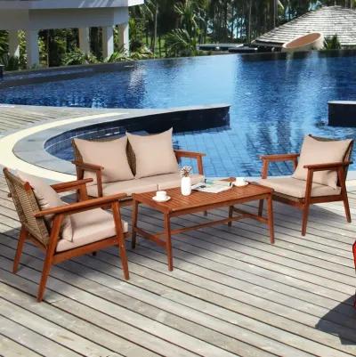 4-Piece Acacia Wood and Rattan Patio Furniture Set for Outdoor Seating