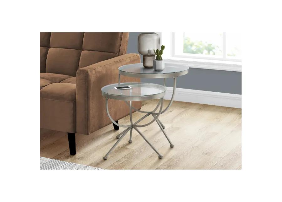 Monarch Specialties I 3322 Nesting Table, Set Of 2, Side, End, Accent, Living Room, Bedroom, Metal, Tempered Glass, Grey, Clear, Contemporary, Modern