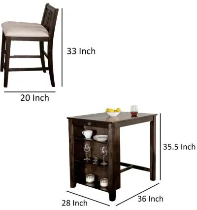 Lessi 3pc Counter Height Table Set with Side Shelf, USB , Cherry Brown Wood