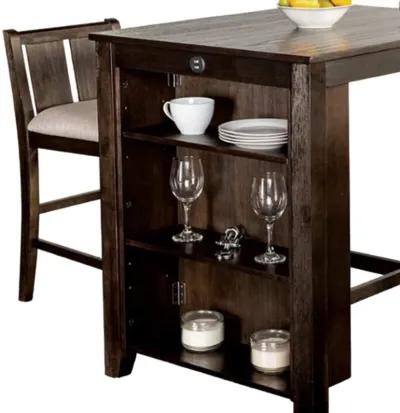 Lessi 3pc Counter Height Table Set with Side Shelf, USB , Cherry Brown Wood