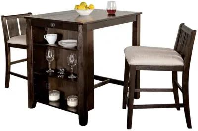 Lessi 3pc Counter Height Table Set with Side Shelf, USB , Cherry Brown Wood