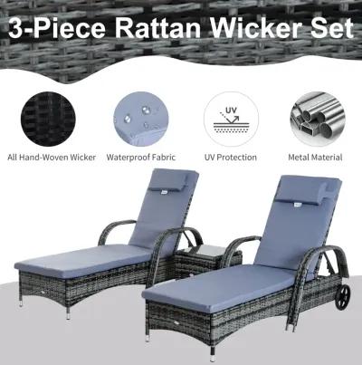 Gray Outdoor Relaxation: 3-Piece Wicker Chaise Lounge Set with Table