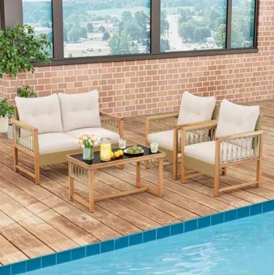 Hivvago 4 Pieces Outdoor Patio PE Wicker Conversation Bistro Set with Acacia Wood Frame