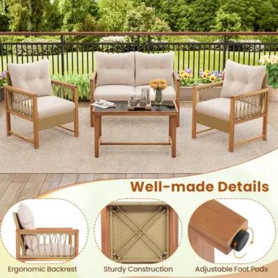 Hivvago 4 Pieces Outdoor Patio PE Wicker Conversation Bistro Set with Acacia Wood Frame