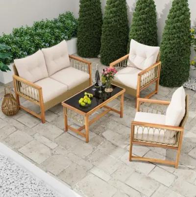 Hivvago 4 Pieces Outdoor Patio PE Wicker Conversation Bistro Set with Acacia Wood Frame