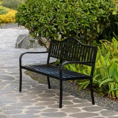 Outdoor Powder Coated Steel Park Bench, Garden Bench with Pop Up Middle Table, Lawn Decor Seating Bench for Yard, Patio, Garden, Balcony, and Deck