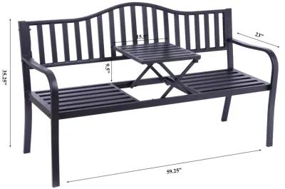 Outdoor Powder Coated Steel Park Bench, Garden Bench with Pop Up Middle Table, Lawn Decor Seating Bench for Yard, Patio, Garden, Balcony, and Deck