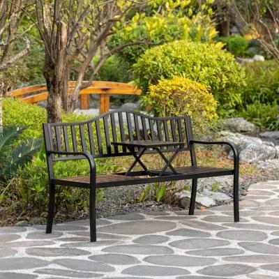 Outdoor Powder Coated Steel Park Bench, Garden Bench with Pop Up Middle Table, Lawn Decor Seating Bench for Yard, Patio, Garden, Balcony, and Deck