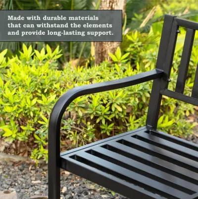 Outdoor Powder Coated Steel Park Bench, Garden Bench with Pop Up Middle Table, Lawn Decor Seating Bench for Yard, Patio, Garden, Balcony, and Deck