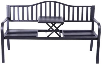 Outdoor Powder Coated Steel Park Bench, Garden Bench with Pop Up Middle Table, Lawn Decor Seating Bench for Yard, Patio, Garden, Balcony, and Deck