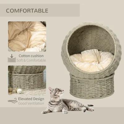 Light Gray Cat Furniture: Elevated Basket Bed with Cushion & Stand