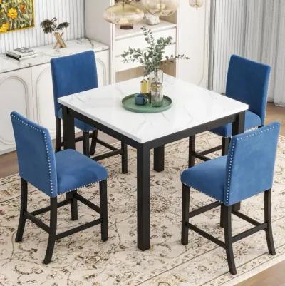 5-Piece Counter Height Dining Table Set - Blue Velvet Chairs