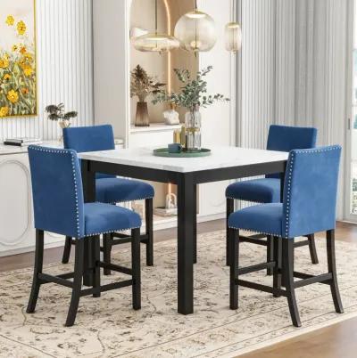 5-Piece Counter Height Dining Table Set - Blue Velvet Chairs