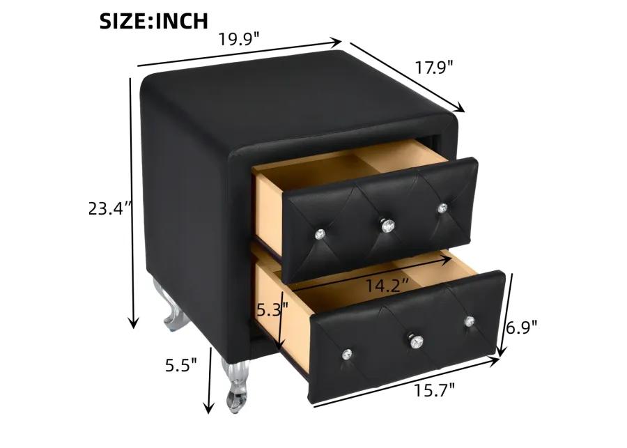 Elegant PU Nightstand - 2 Drawers, Crystal Handle