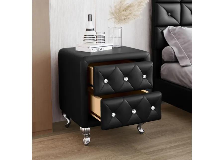 Elegant PU Nightstand - 2 Drawers, Crystal Handle