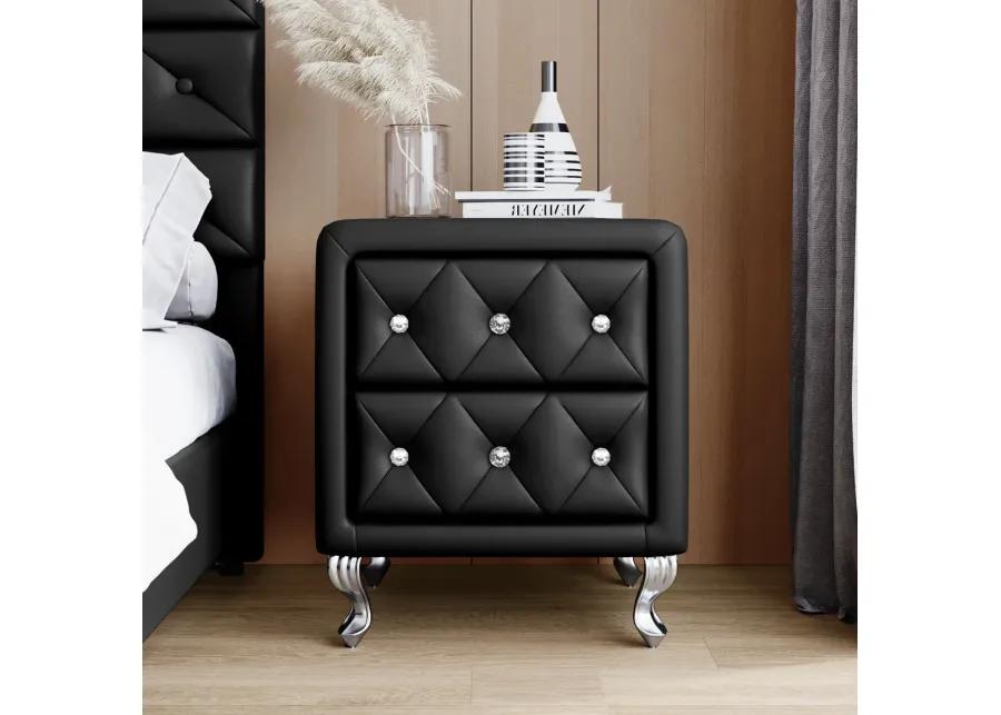 Elegant PU Nightstand - 2 Drawers, Crystal Handle