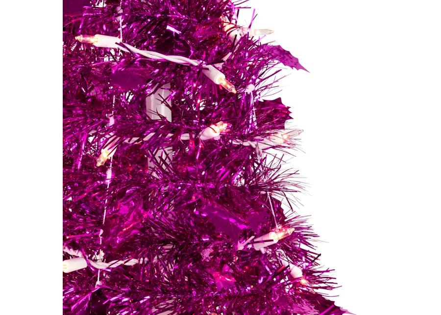 4' Pre-Lit Pink Tinsel Pop-Up Artificial Christmas Tree  Clear Lights