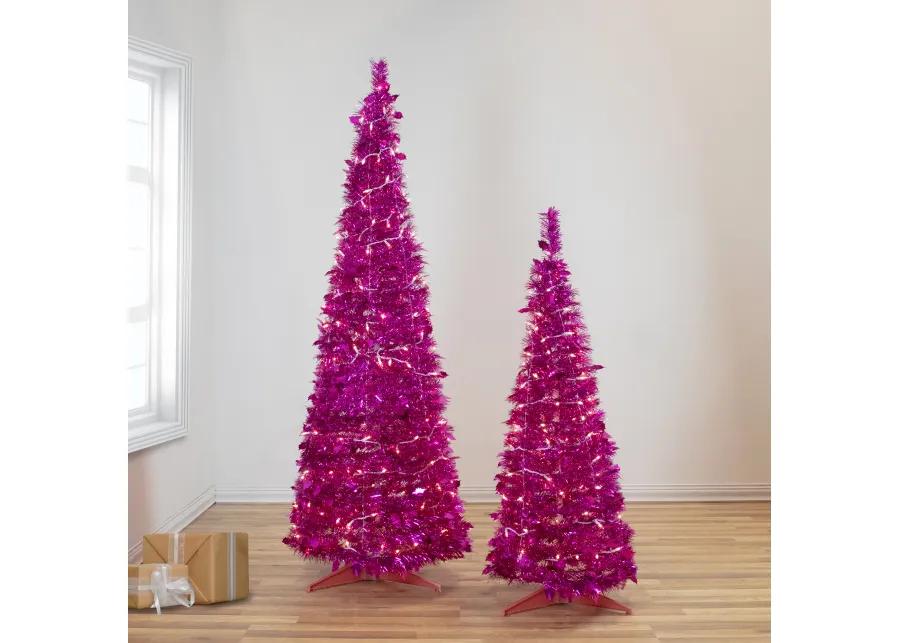 4' Pre-Lit Pink Tinsel Pop-Up Artificial Christmas Tree  Clear Lights