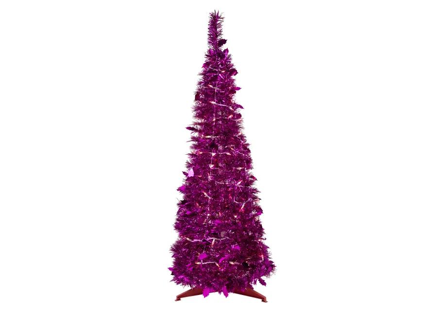 4' Pre-Lit Pink Tinsel Pop-Up Artificial Christmas Tree  Clear Lights