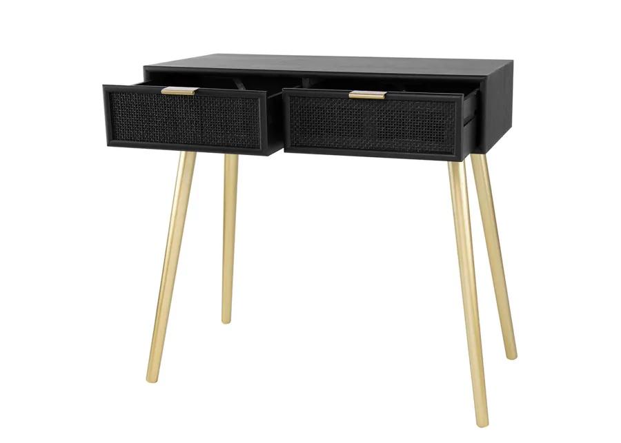 Pia 32 Inch Wood Console Table, 2 Drawers, Woven Rattan Design, Black, Gold-Benzara