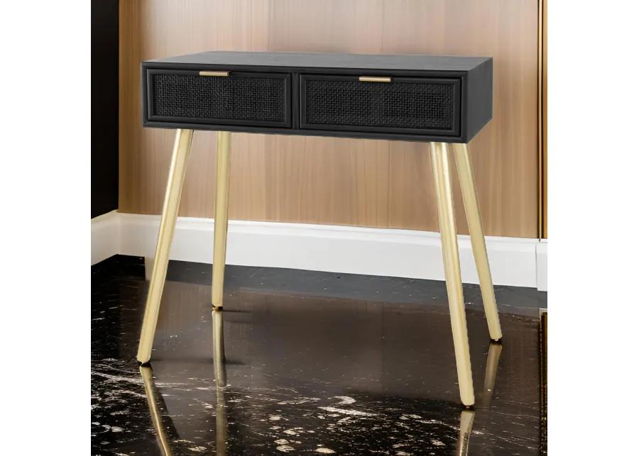 Pia 32 Inch Wood Console Table, 2 Drawers, Woven Rattan Design, Black, Gold-Benzara