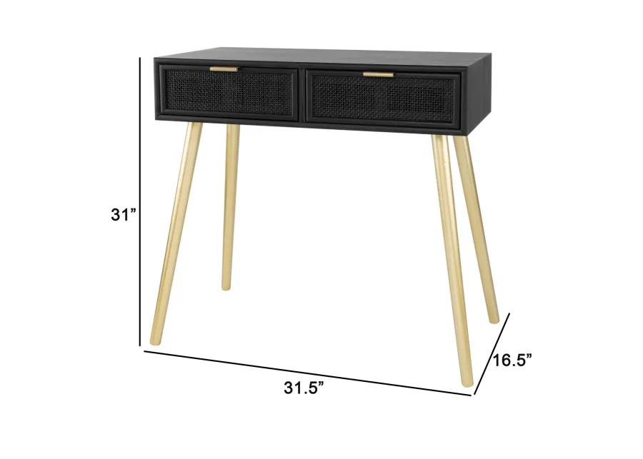 Pia 32 Inch Wood Console Table, 2 Drawers, Woven Rattan Design, Black, Gold-Benzara