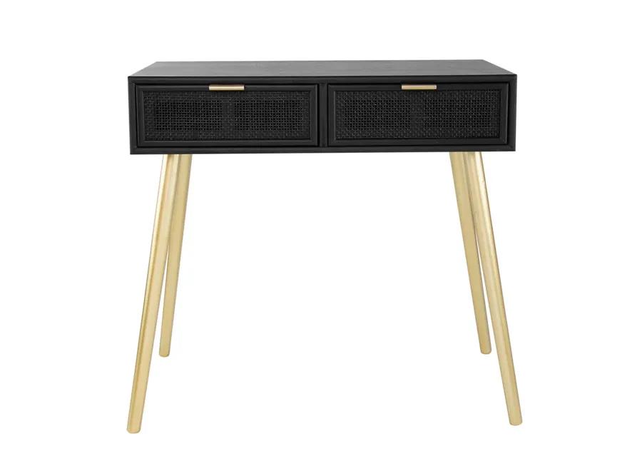 Pia 32 Inch Wood Console Table, 2 Drawers, Woven Rattan Design, Black, Gold-Benzara