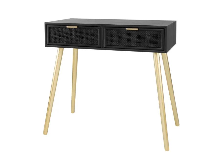 Pia 32 Inch Wood Console Table, 2 Drawers, Woven Rattan Design, Black, Gold-Benzara