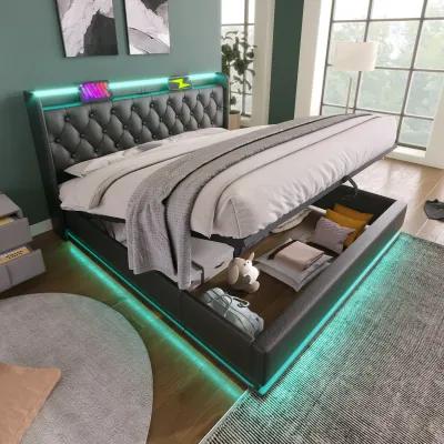 Merax PU Upholstered Bed with Storage and LED