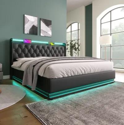 Merax PU Upholstered Bed with Storage and LED