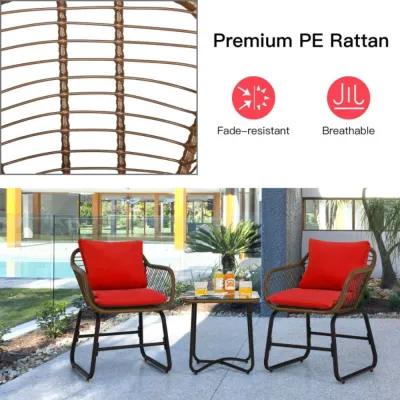 3 Pieces Patio Rattan Bistro Set Cushioned Chair Glass Table Deck