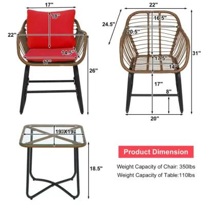 3 Pieces Patio Rattan Bistro Set Cushioned Chair Glass Table Deck