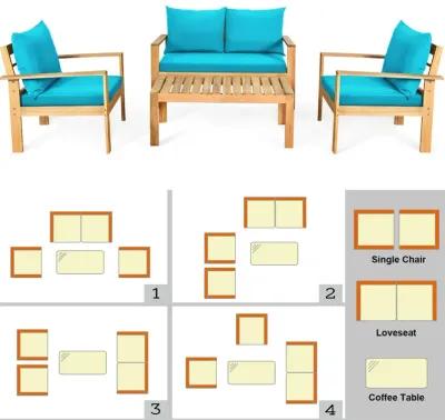 Outdoor 4 Pieces Acacia Wood Chat Set with Water Resistant Cushions