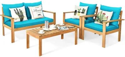 Outdoor 4 Pieces Acacia Wood Chat Set with Water Resistant Cushions