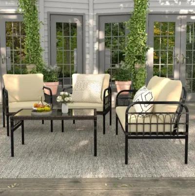 Hivvago 4 Pieces Outdoor Wicker Conversation Bistro Set with Soft Cushions and Tempered Glass Coffee Table