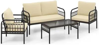 Hivvago 4 Pieces Outdoor Wicker Conversation Bistro Set with Soft Cushions and Tempered Glass Coffee Table