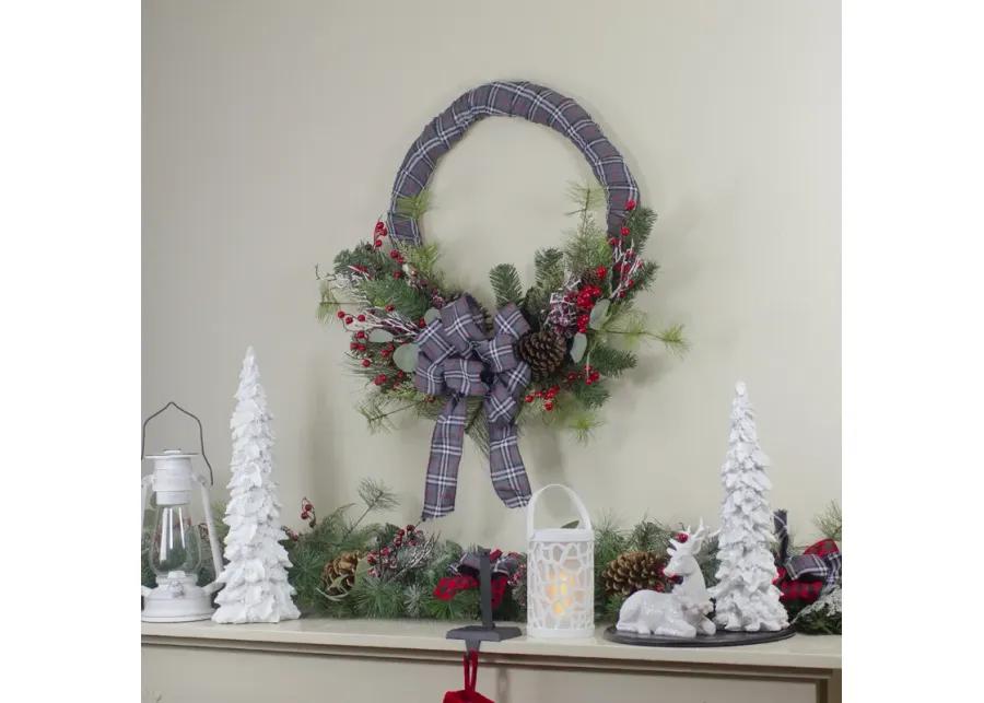 Gray and Red Plaid Artificial Christmas Wreath with Red Berries - 24-Inch  Unlit