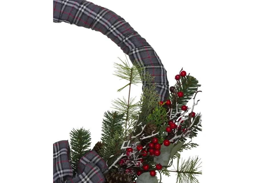 Gray and Red Plaid Artificial Christmas Wreath with Red Berries - 24-Inch  Unlit