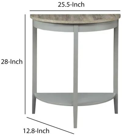 Wooden Half Moon Shaped Console Table with One Open Bottom Shelf, Oak Brown and Gray-Benzara