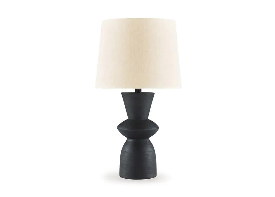 25 Inch Table Lamp Set of 2, Black Sculptural Solid Base, Drum Hardback - Benzara