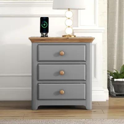 Wooden Nightstand With USB Charging Ports And Three Drawers, End Table For Bedroom