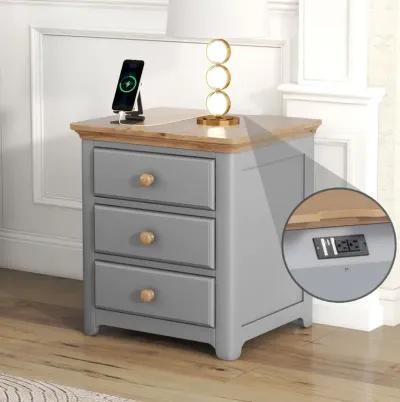 Wooden Nightstand With USB Charging Ports And Three Drawers, End Table For Bedroom