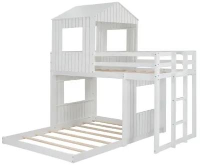 Wooden Twin Over Full Bunk Bed, Loft Bed With Playhouse, Farmhouse, Ladder And Guardrails, White