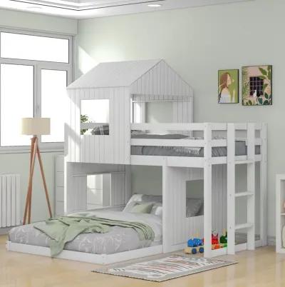 Wooden Twin Over Full Bunk Bed, Loft Bed With Playhouse, Farmhouse, Ladder And Guardrails, White