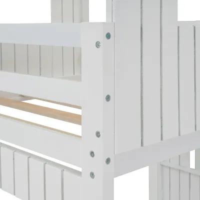 Wooden Twin Over Full Bunk Bed, Loft Bed With Playhouse, Farmhouse, Ladder And Guardrails, White