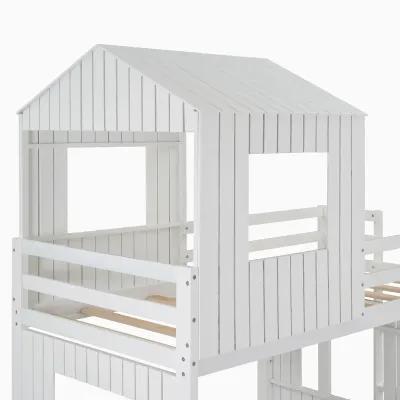 Wooden Twin Over Full Bunk Bed, Loft Bed With Playhouse, Farmhouse, Ladder And Guardrails, White